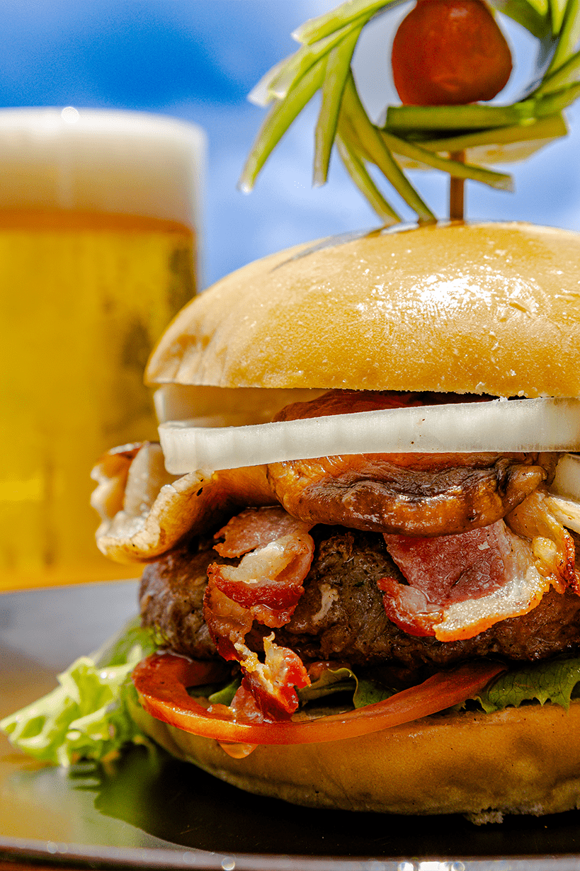 Delicious burger (vertical) at Ocean Point Resort and Spa, St. John’s, Antigua